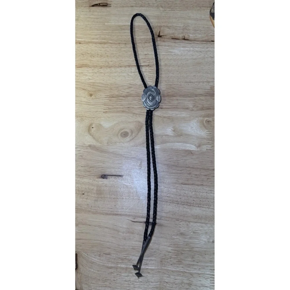 Vintage Southwestern Sun Bolo Tie JS Marked Silver‎ Concho Leather Cord Western